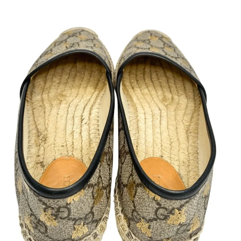 Gucci Pilar Espadrille Flats EU 38.5 US 8.5 GG Supreme Bee Logo Beige Slip Ons